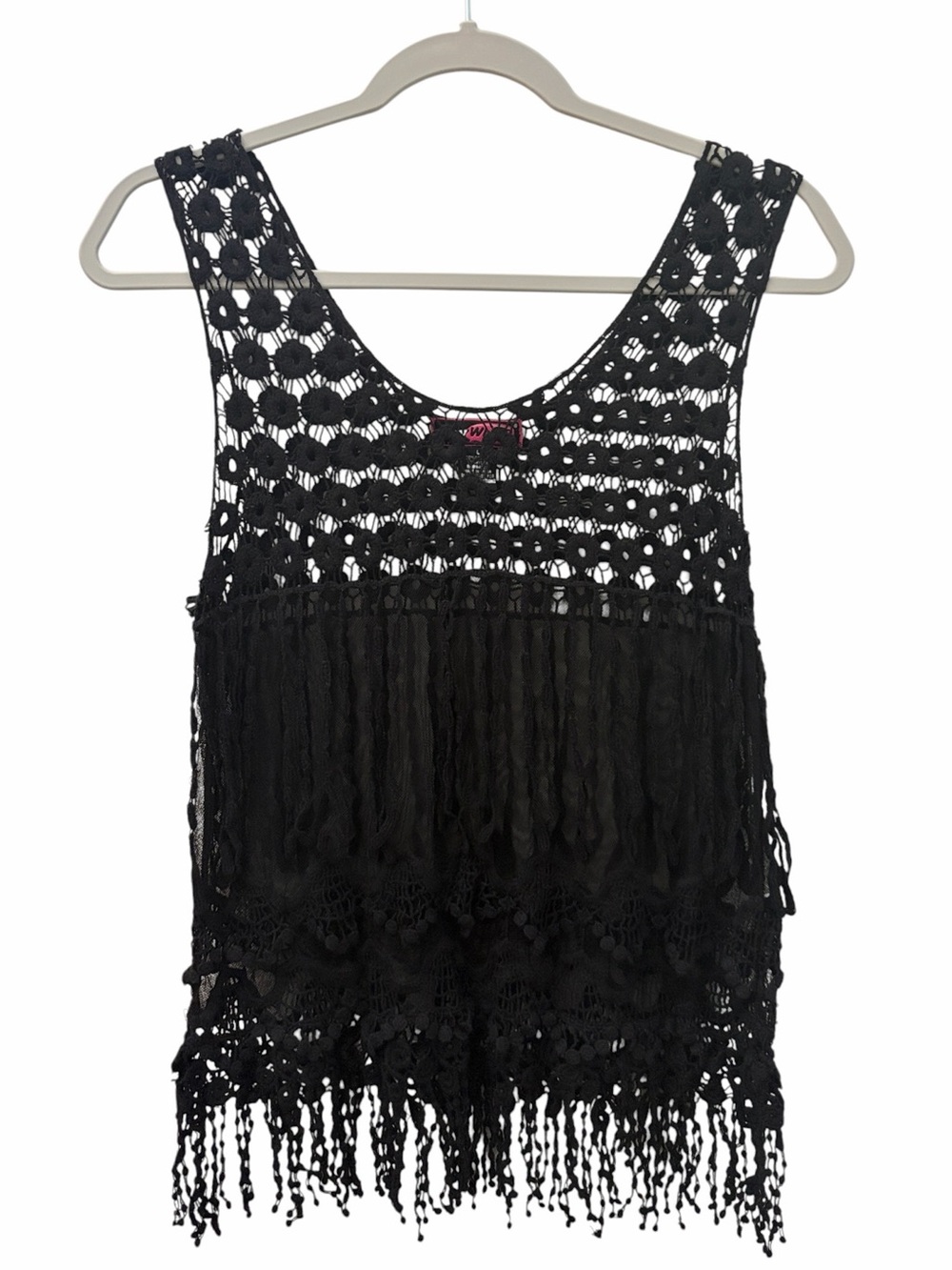 Say What? Y2K Boho Festival Sheer Mesh Black Crochet Fringe Tank Top L Country